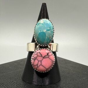 Pink Gibbsite & Blue Sea Sediment Jasper Sterling Silver 925 Ring Handmade